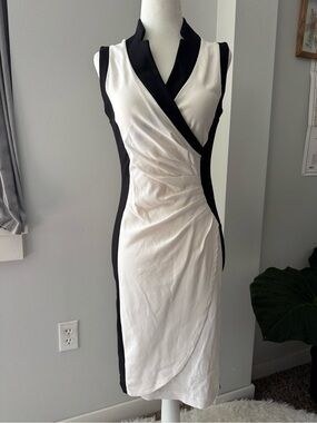 Vintage Joseph Ribkoff black white colorblock ruched wrap style dress size 4